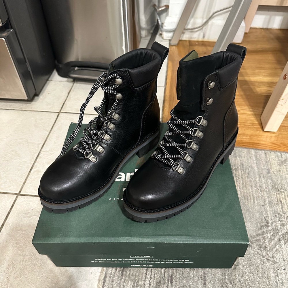Barbour black leather lace up boots. Weather proof. New with tags.